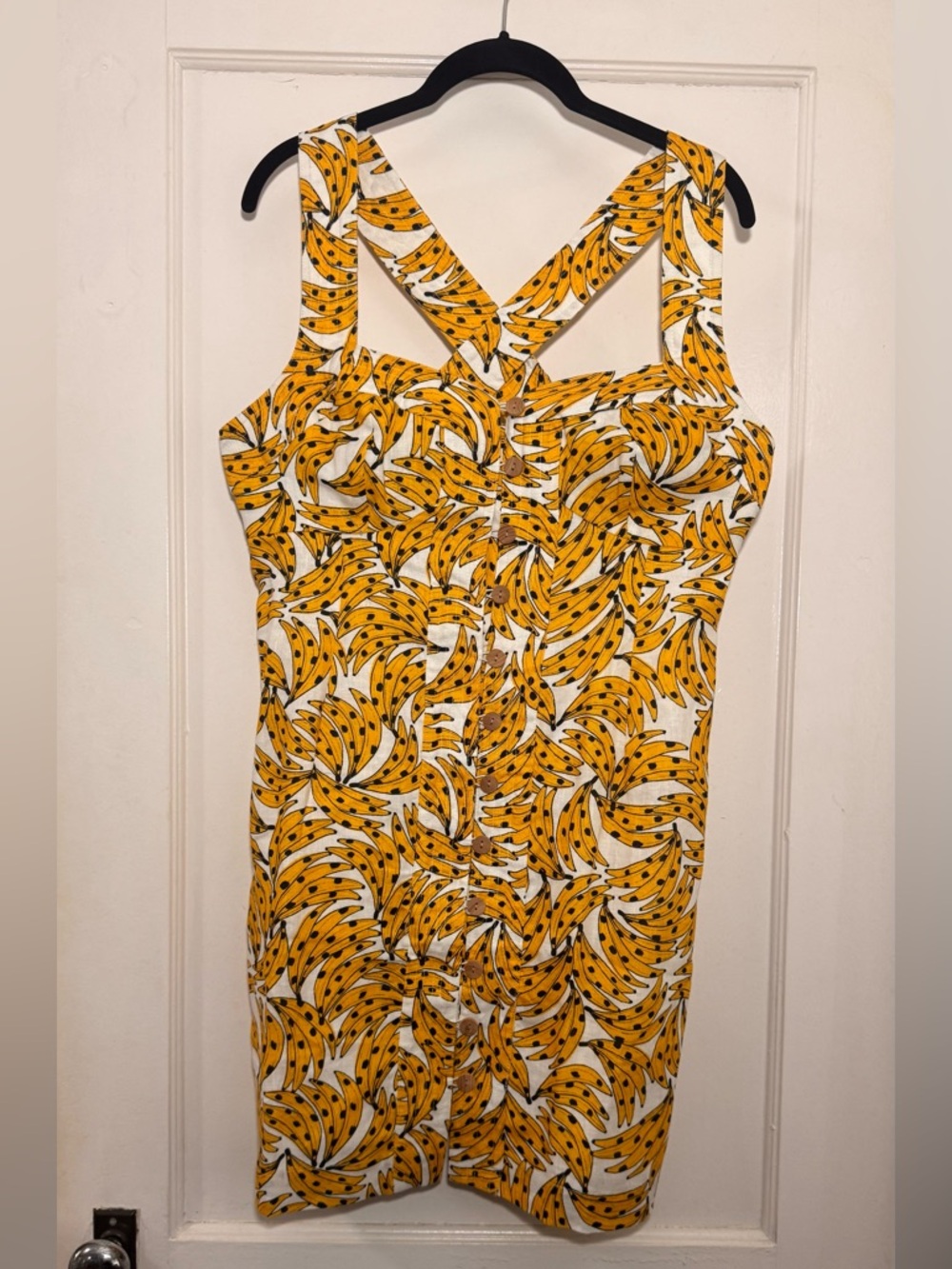 FARM Rio Linen Button-Front Yellow White Spotted Bananas mini dress M - Picture 3 of 5